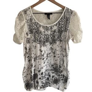 Style & Co. Lace Floral Script Print Top Medium Rhinestones Romantic Feminine